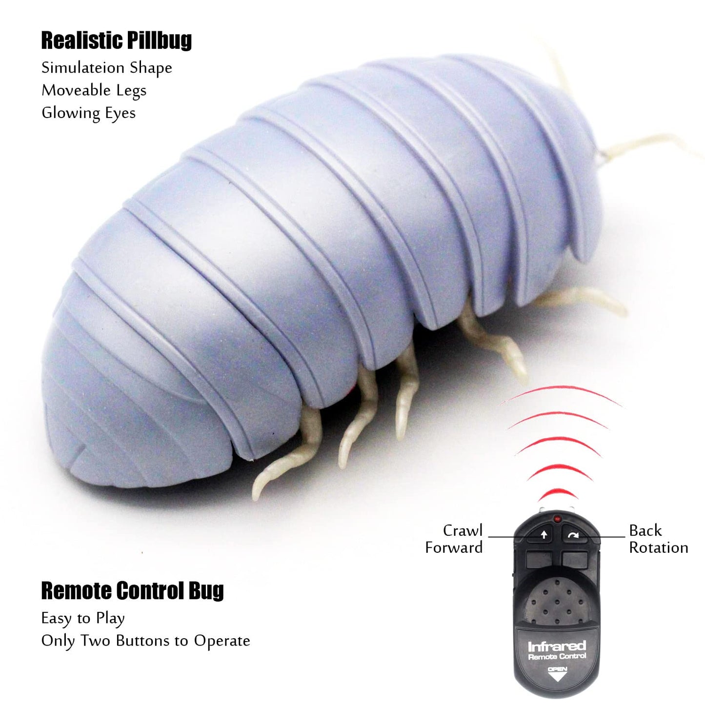 Tipmant RC Bug Remote Control Worm Realistic Pillbug Electronic Animal Prank Toy Insect Car Vehicle Kids Birthday Gifts (White)