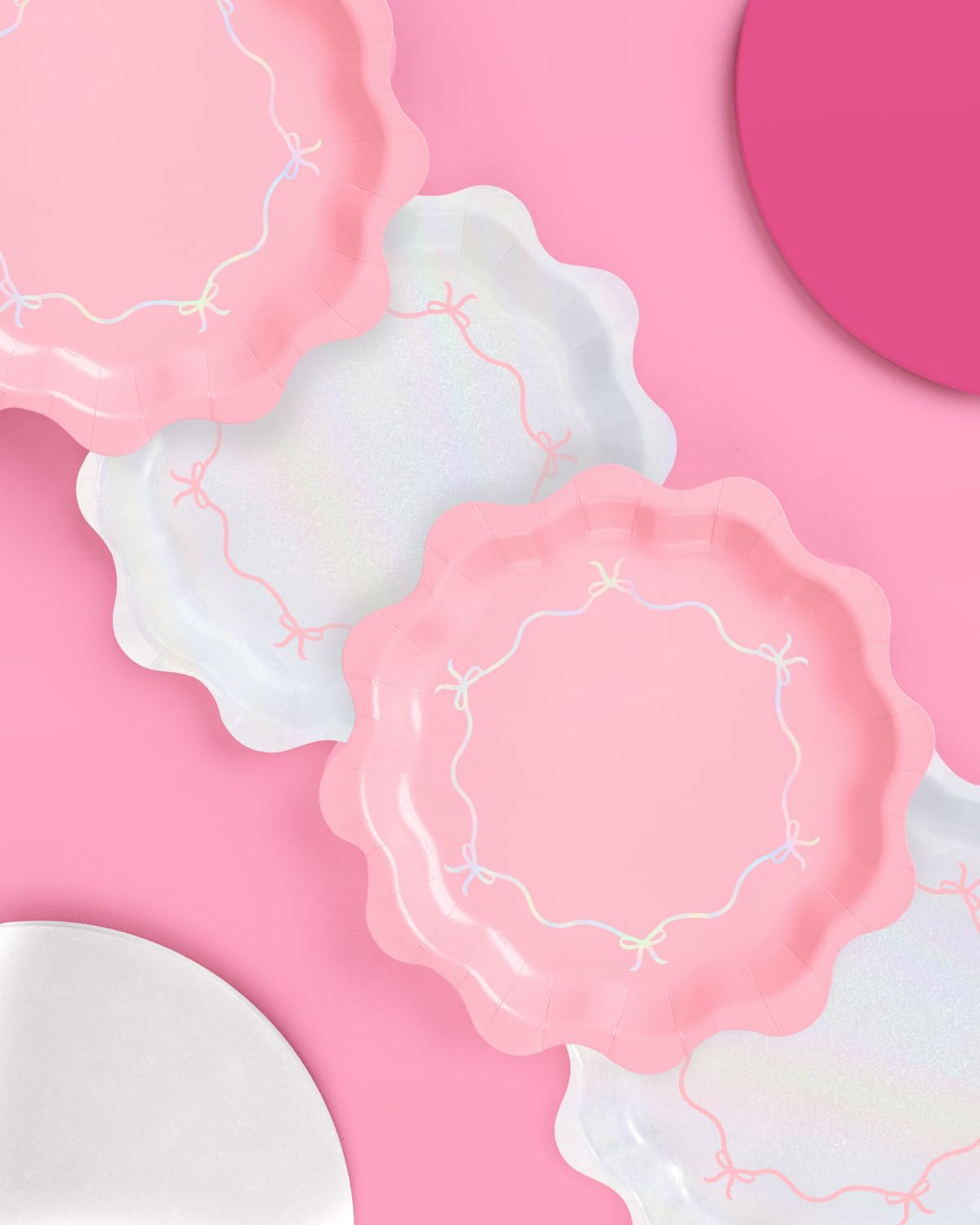 xo, Fetti Pink + Iridescent Wavy Bow Plates - 24 pcs | Bachelorette Decorations, Happy Birthday Party, Baby Shower, Cute Disposable Tableware, Bday Supplies, Bridal Shower