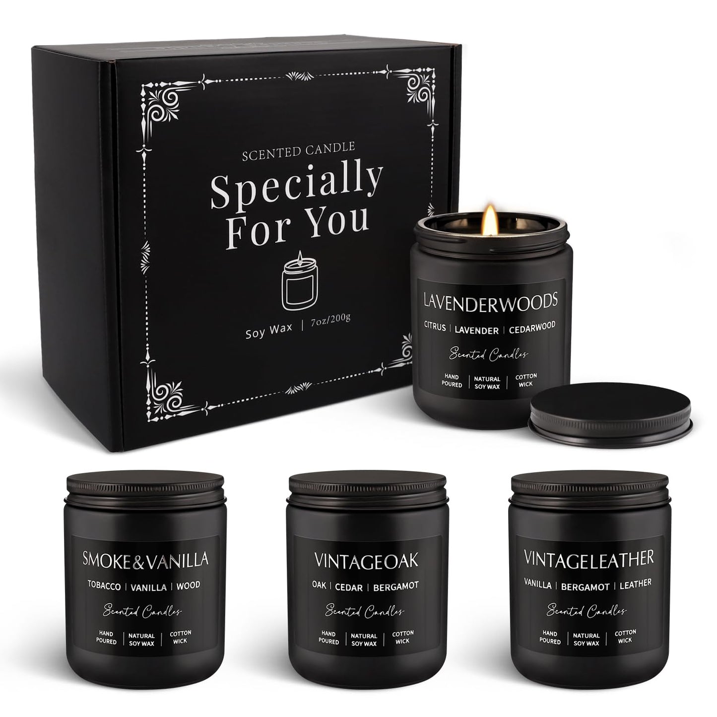 Scented Candles Gift Set - 4 Pack (7oz Each) Soy Wax Aromatherapy Candles with Essential Oils, Smokeless - Leather & Smoke, Vanilla Oakmoss, Lavender - Relaxing Fragrance for Home, Office, Yoga