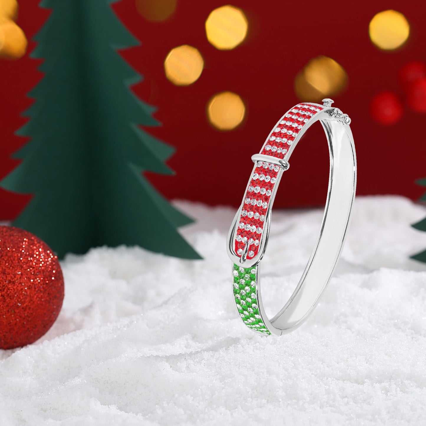 MUYUU Christmas Bangle Bracelet, Silver Plated Red and Green Bracelet, Sparkly Crystal Bracelet For Women Fashion Jewelry