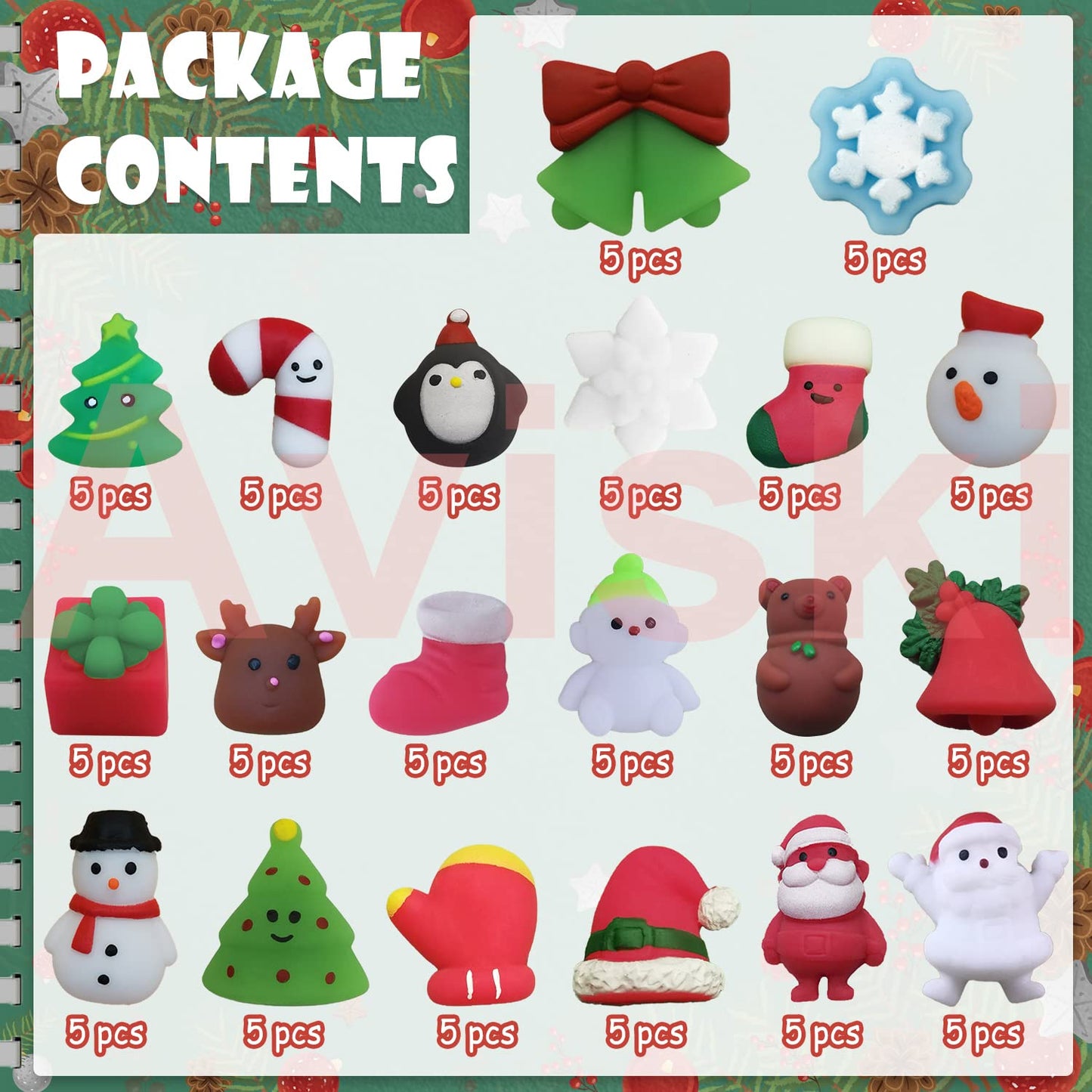 100PCS Christmas Mochi Squishy Toys, Mini Kawaii Christmas Squishies Soft Fidget Toys Stress Squeeze Toys Party Bags Filler, Small Stocking Stuffers for Boys Girls Birthday Gifts