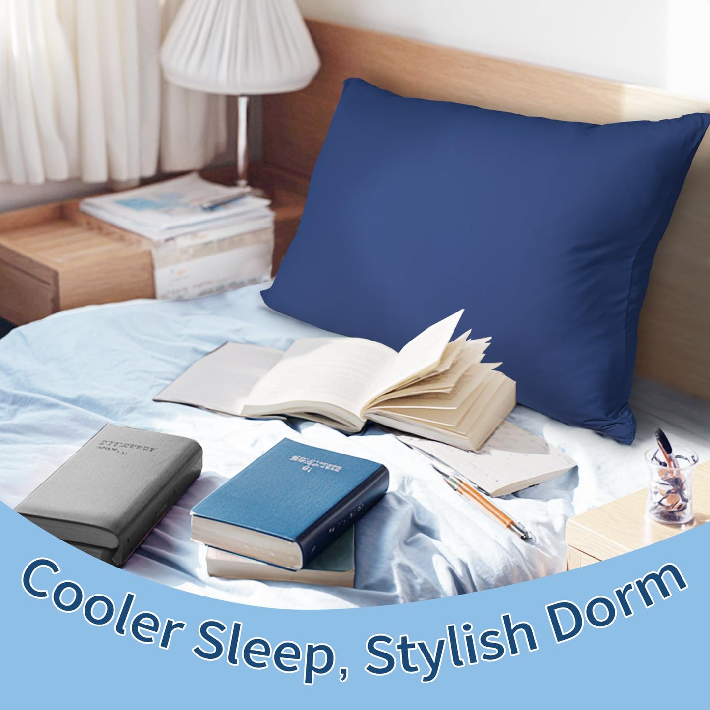 Cooling Pillow Cases for Hot Sleepers and Night Sweats, Ice Cool Pillowcases Queen Size Set of 2 for Hair Skin Silky Luxury Cover with Envelope Closure, Dorm Essentials for Deco, Royal Blue,20"Ć30"