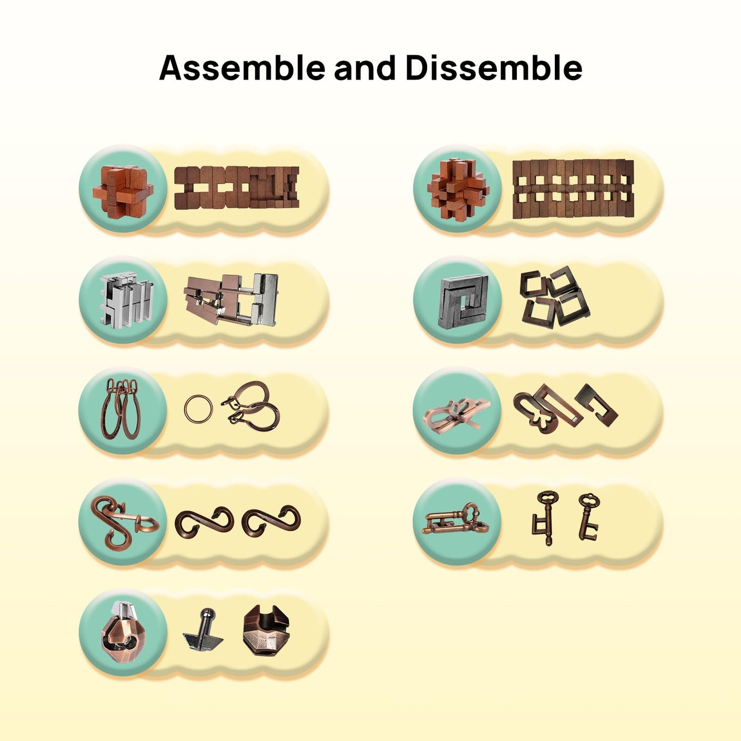 ActPo 9pcs Puzzles Bulk Gift for Kids, Teens, and Adults Retro Wooden and Metal Unlock Interlock Brain Teaser Toys.