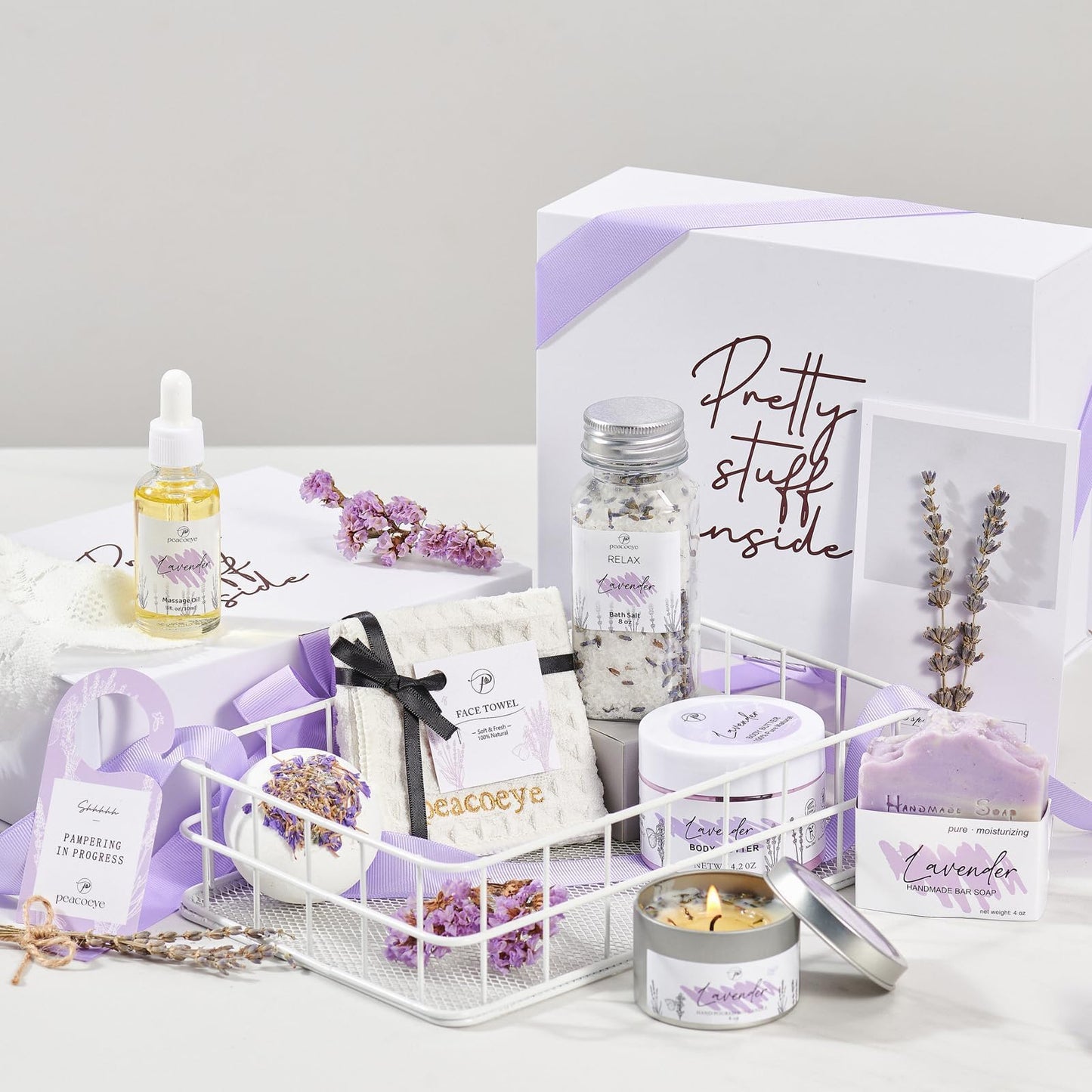 Peacoeye Gifts for Women Spa Gifts Lavender Bath Gift Baskets Relaxing Self Care Gift for Mom Her Sister Wife Auntie Home Bath Kit Care Package Birthday Friendship Gift Ideas