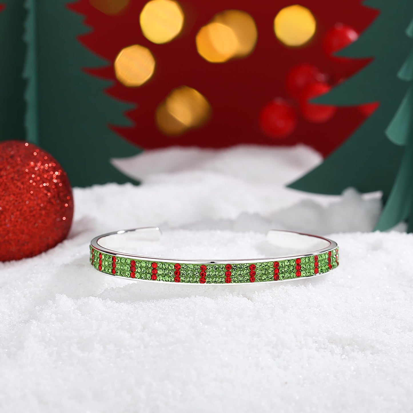 MUYUU Christmas Cuff Bracelet, Silver Plated Red and Green Bracelet, Sparkly Crystal Bracelet For Women Fashion Jewelry