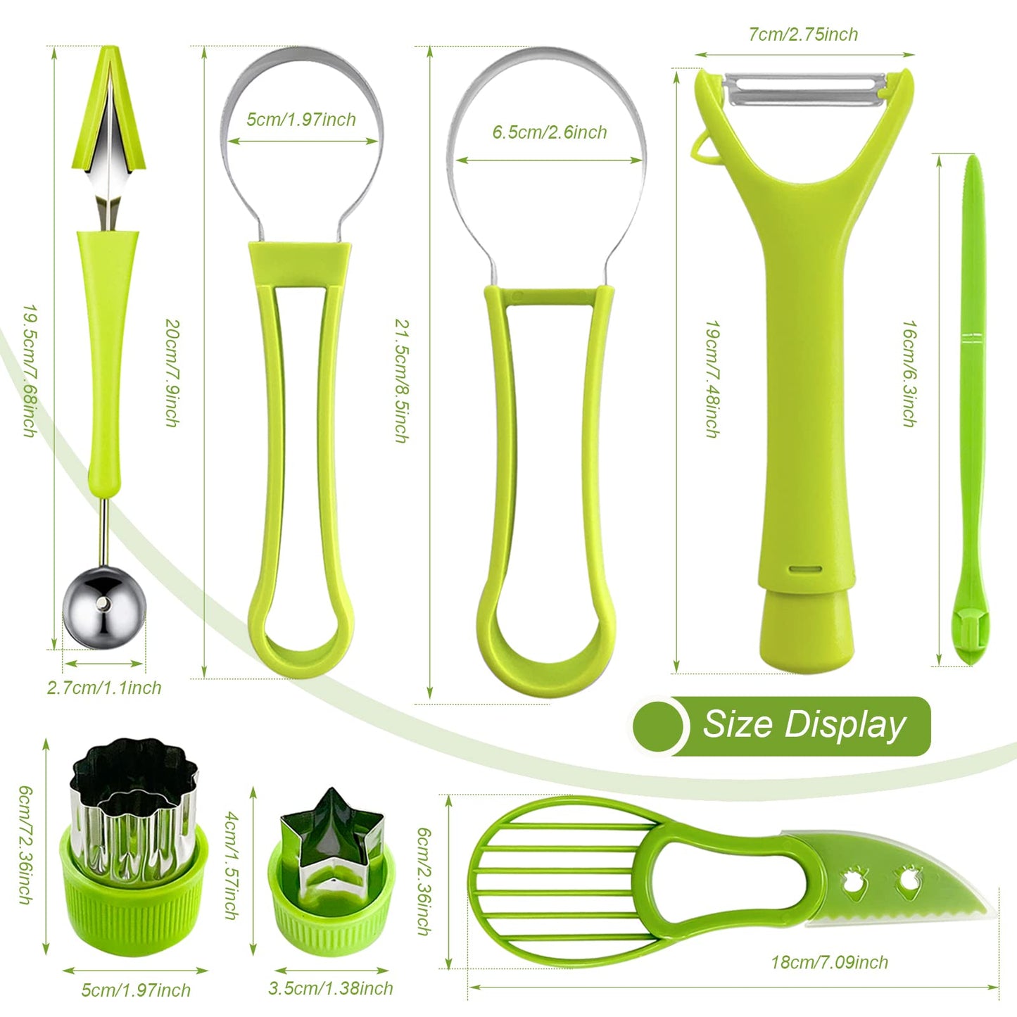 18pcs Melon Baller Scoop Set, FODIENS 4 In 1 Stainless Steel Fruit Slicer Peeler Set, Avocado Slicer Orange Peeler Fruits Vegetables Carving Tools Set with Mini Fruit Cookie Cutters Set