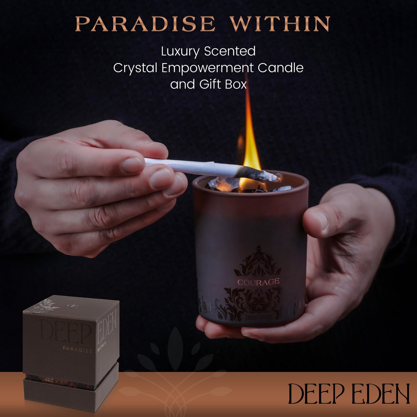 Deep Eden Empowerment Crystal Candle, 7.4 Oz, Brown - Forest Mahogany Scented Candle - Candles for Men with Wooden Wick, Black Tourmaline, Essential Oils & Premium Botanical Soy, Coconut and Beeswax