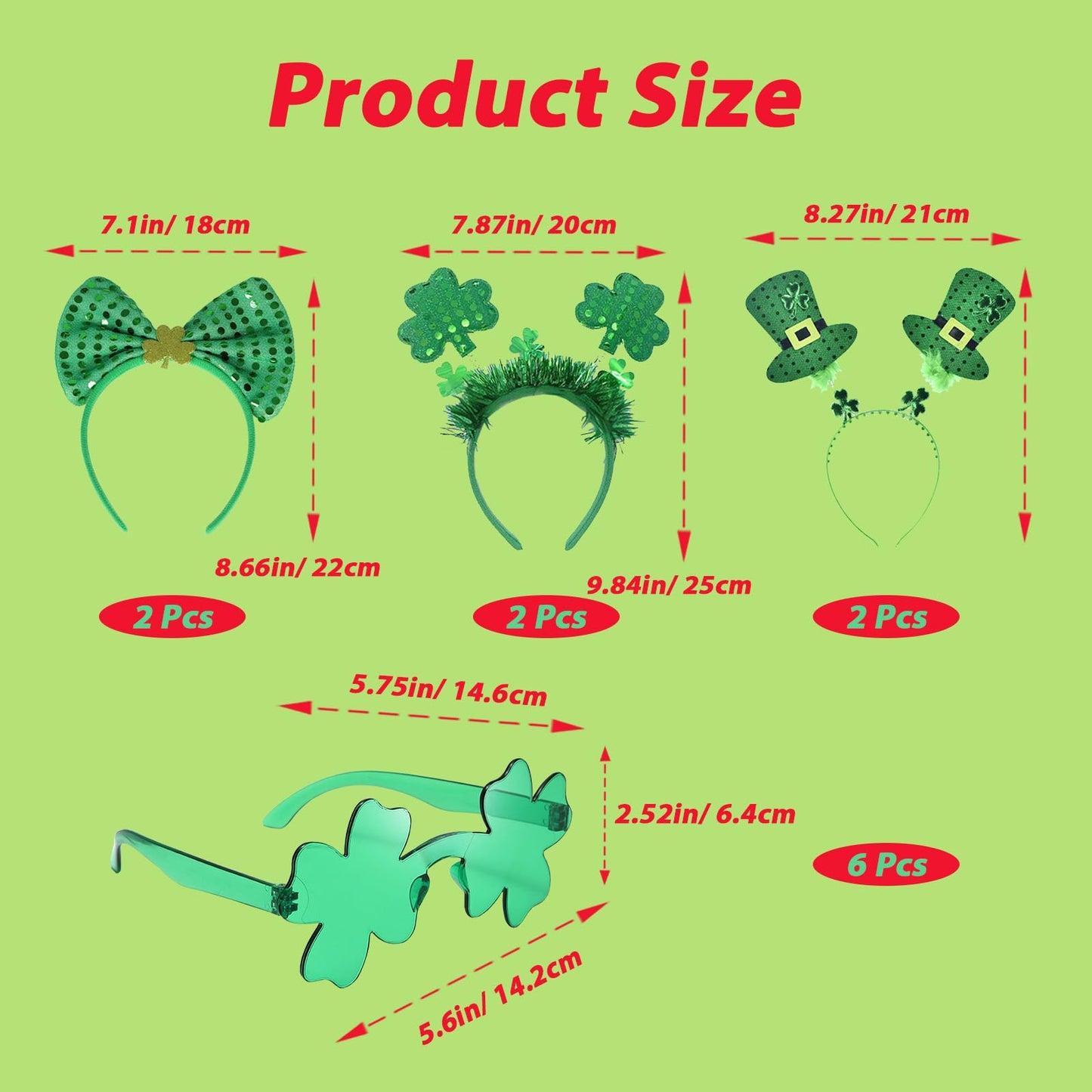SYQBR 22 Pcs St. Patrick's Day Headbands & Shamrock Sunglasses & Tattoos Sticker, Green Irish Sequined Patriotic Headband and Clover Eye Glasses Tattoo Bulk for Party Favor Decoration Supplies