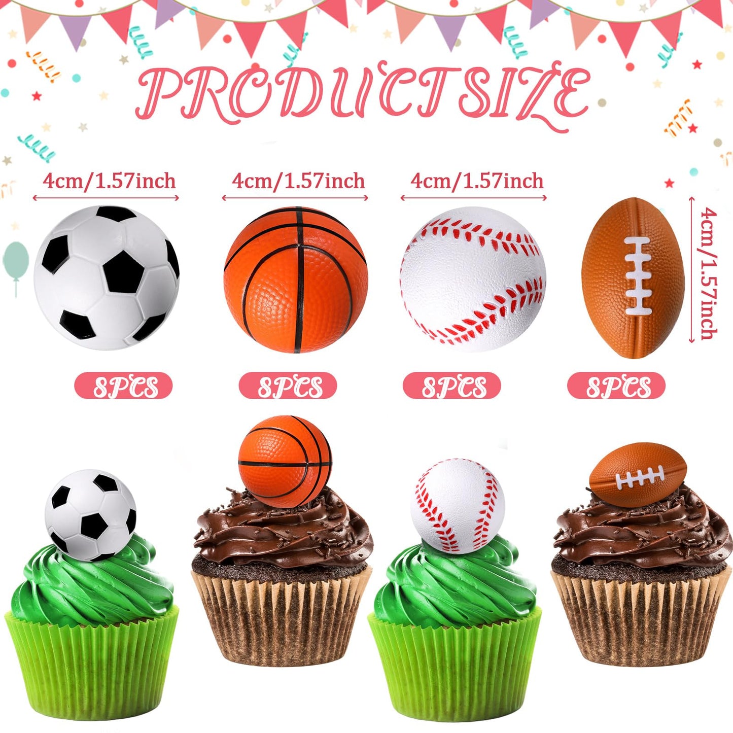 XunYee 32 Pcs Mini Foam Balls Sports Cupcake Toppers 1.6 Inch Basketball Soccer Stress Ball Small Football Baseball Cake Topper Sports Party Favors for Birthday Party Supplies Decoration(Mixed Balls)