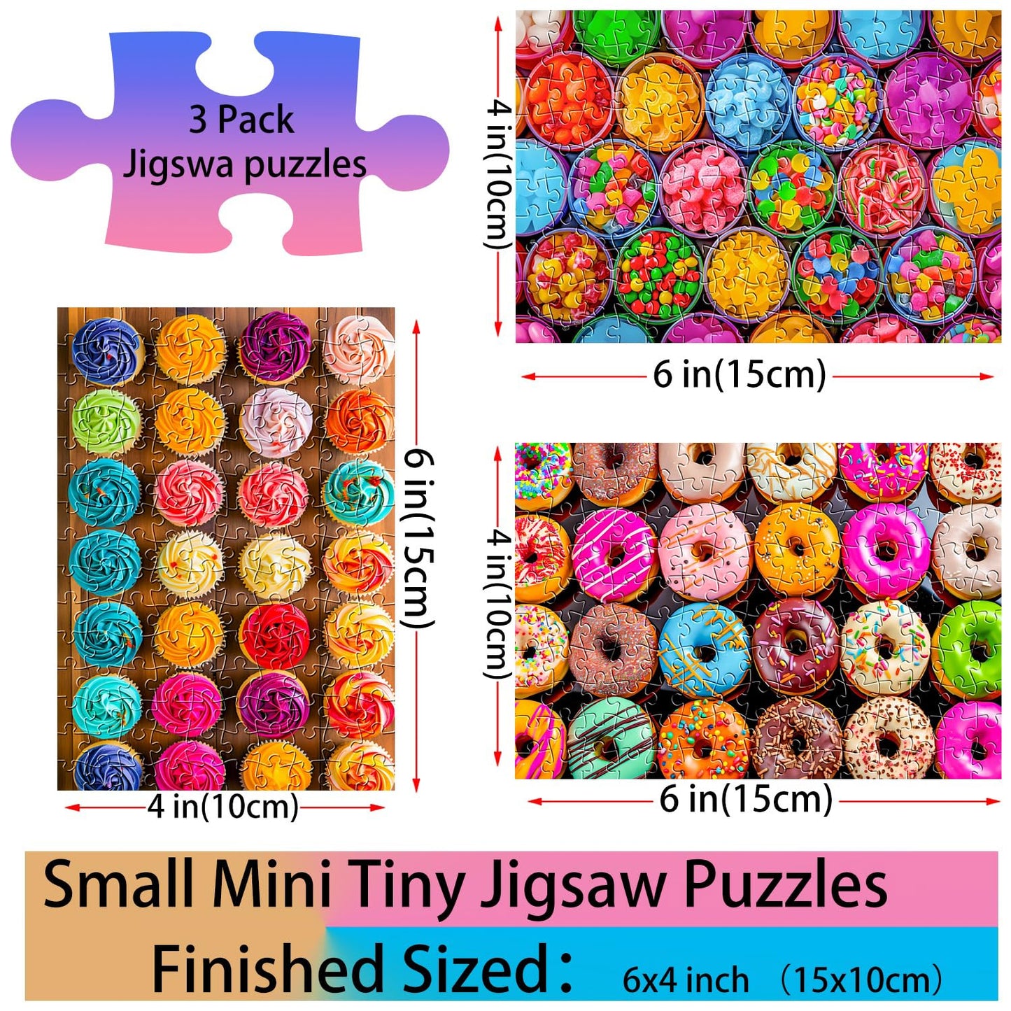 Small Jigsaw Puzzles for Adults 150 Pieces Vintage Candy Cupcake Donut Mini Jigsaw Puzzles Challenging Mini Puzzles Tiny Jigsaw Puzzles 6 x 4 Inches, 3 Pcs,Mini Easel Included