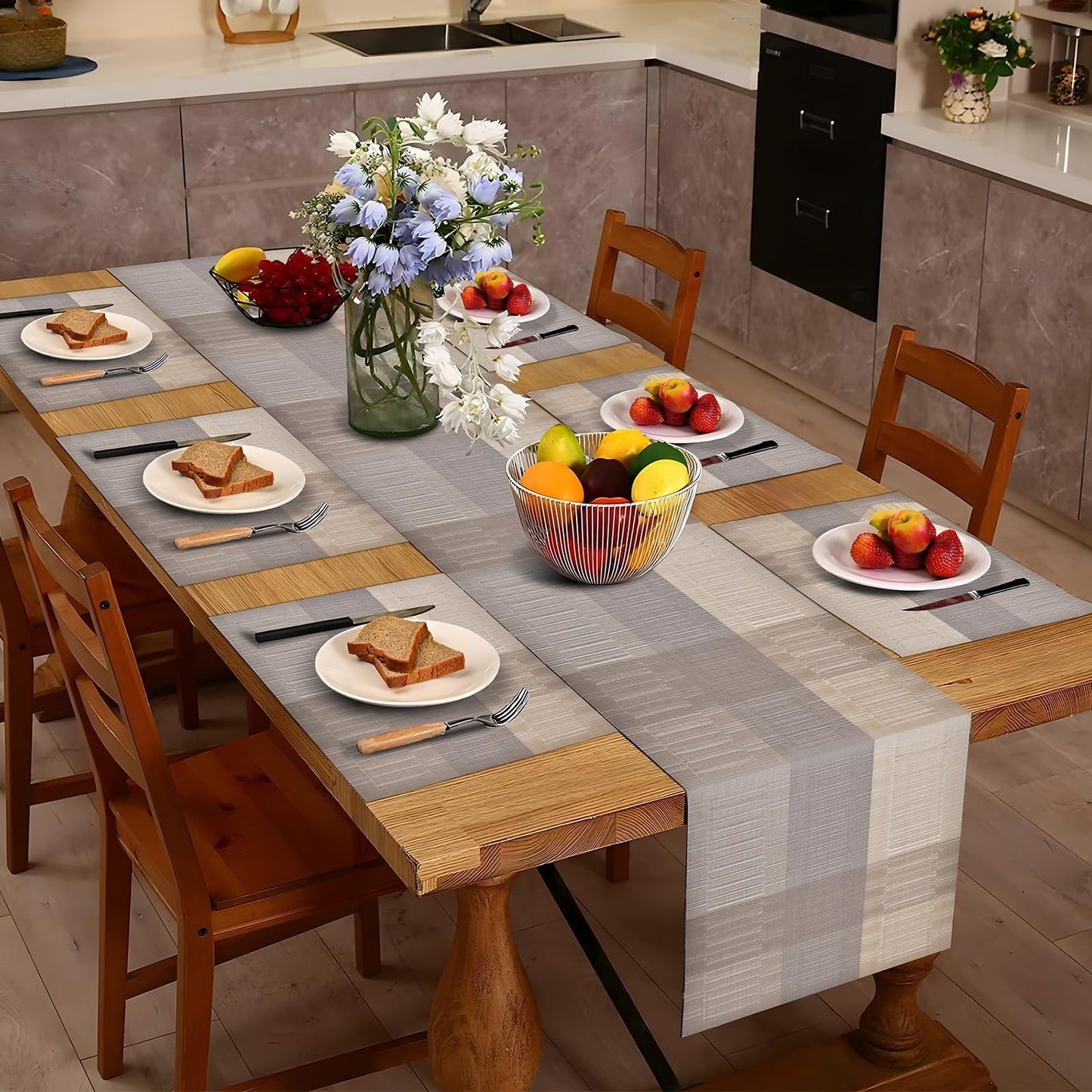 Aofmee Table Runner and Placemats Set of 6 Washable, Heat Resistant Place Mats with Table Runner, Woven Vinyl Table Placemats, Stain Resistant Kitchen Table Mats Sets, Easy to Clean, Gold, Set of 7