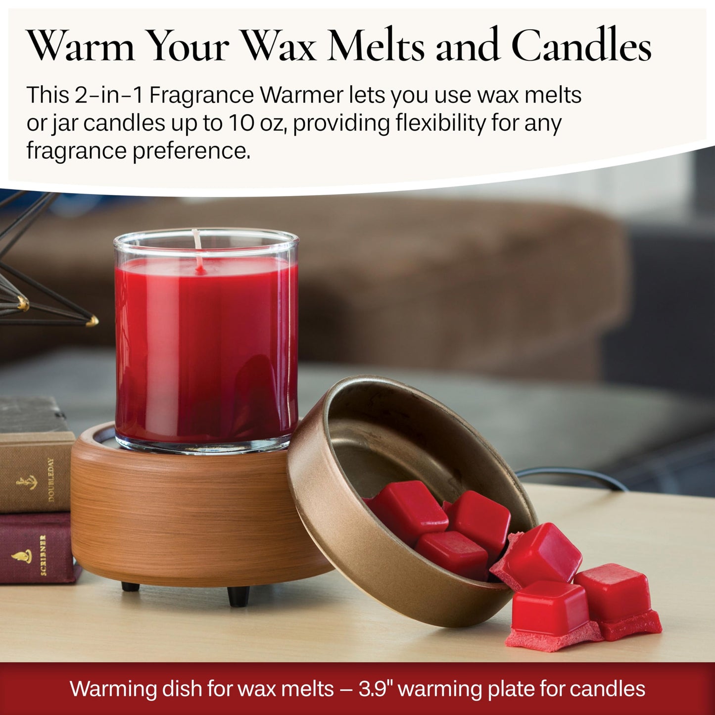Candle Warmers ETC 2-in-1 Candle and Fragrance Warmer for Warming Scented Candles or Wax Melts and Tarts with to Freshen Room, Pewter Walnut