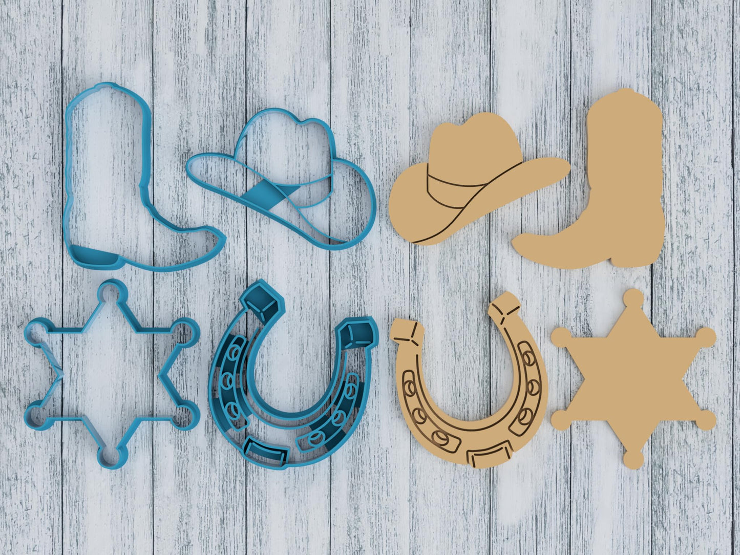 4 Piece Cowboy Cookie Cutter Set - Includes Wild West Country Cowboy Cowgirl Boot, Rustic Western Rodeo Hat, Detailed Horseshoe, Gold Star Sheriff's Badge (4 Inch)