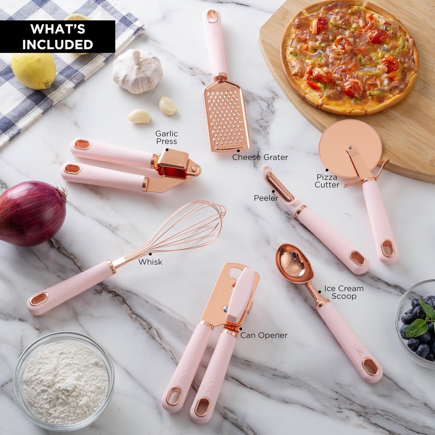 COOK WITH COLOR Kitchen Gadget Set Copper Plated Stainless Steel Utensils with Soft Touch Handles, Copper Pink, 7 Pieces