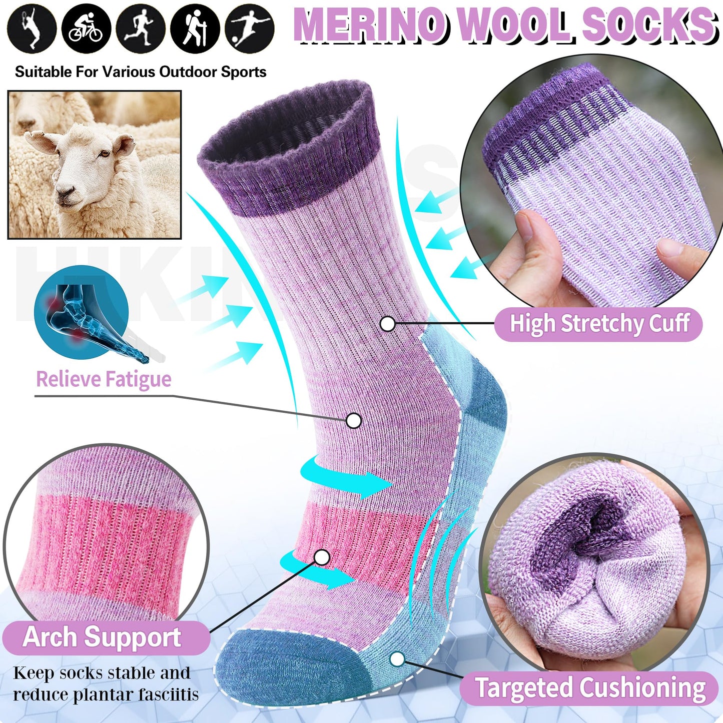 SAVALOS Merino Wool Hiking Socks for Women Thermal Warm Winter Cozy Work Crew Gifts Socks 5 Pairs Stocking Stuffers (Assorted A,M)