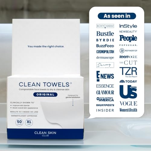 Clean Skin Club Clean Towels XL™, 100% USDA Biobased Face Towel, Disposable Face Towelette, Eczema Association Accepted, Makeup Remover Dry Wipes, Ultra Soft, 50 Ct, 1 Pack