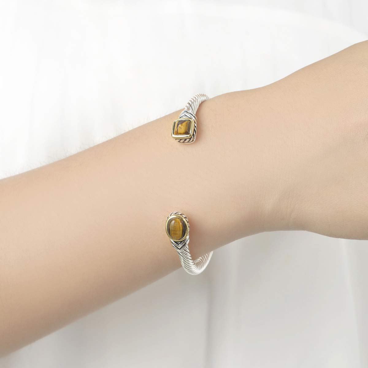 UNY Classic Signature Bracelet Luxury Inspired Women Jewelry 4.5mm Thin Twisted Cable Wire Bangle Christmas Day Gift (Tiger Eye color)