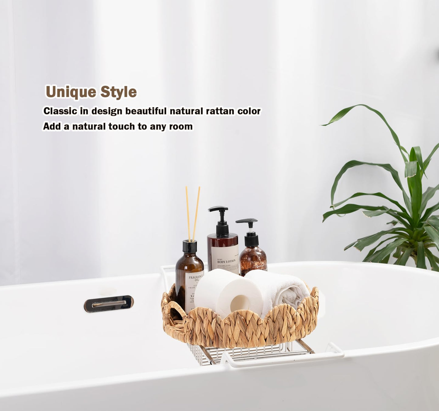 ATEDIR Round Serving Tray, 2-Pack Wicker Basket Tray with Handles, Rattan Woven Decorative Serving Tray, Natural Water Hyacinth Scalloped Tray for Home Decor and Desk Organizer Tray