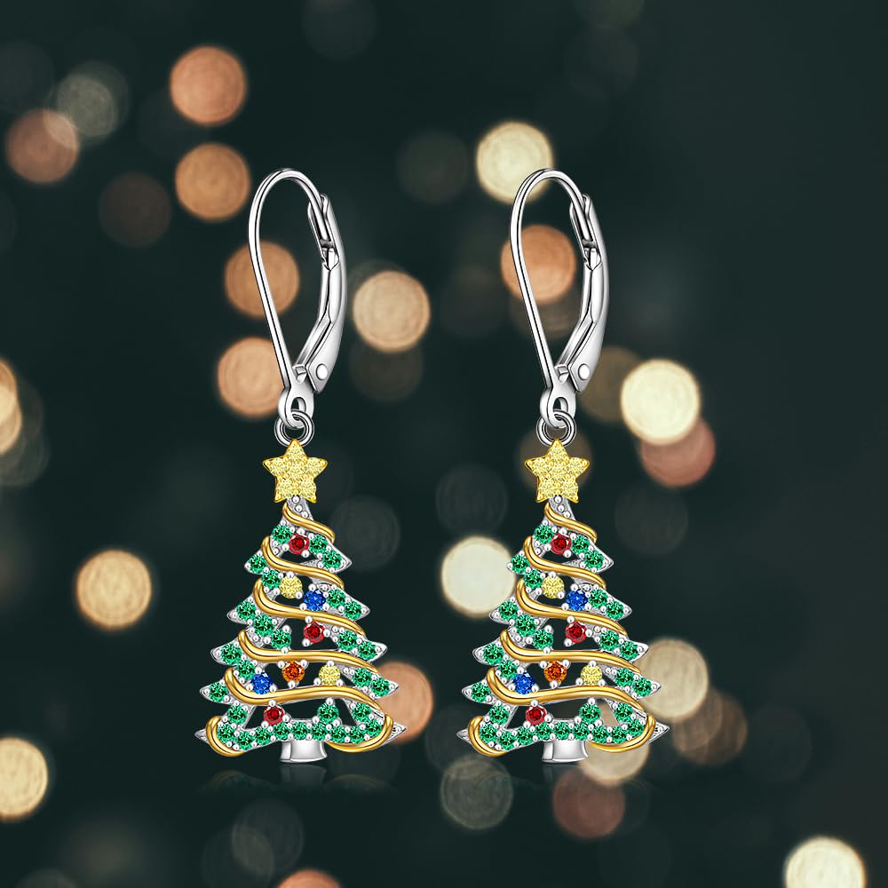 Christmas Earrings Christmas Tree Earrings for Women Sterling Silver Ribbon Green Xmas Tree Colorful Zircon Winter Dangle Studs Holiday Jewelry Gifts