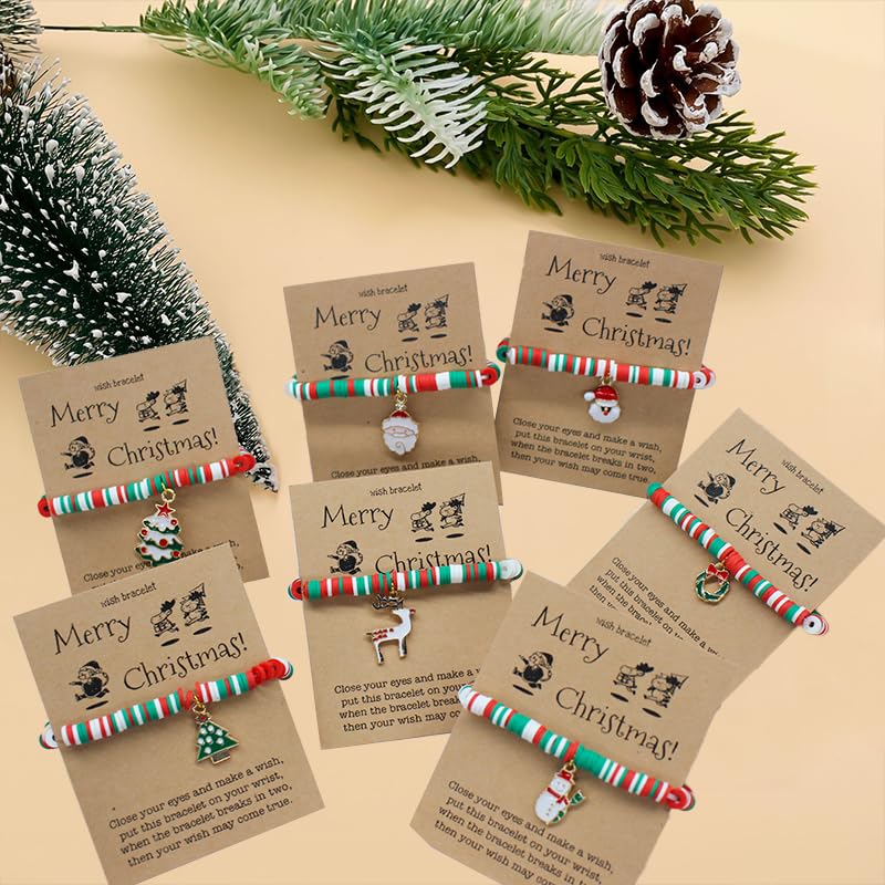 VALIJINA 7 Pcs Christmas Bracelet Set Stretch Bracelets with Christmas card Heishi Surfer Christmas Bracelets bulk bracelets for Women xmas gifts