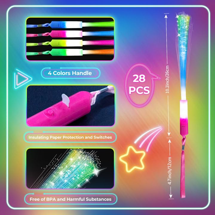 SHQDD 28 PCS Glow Fiber Wands Sticks, Halloween Glow Sticks, LED Light Wands, Glow in The Dark Party Supplies, Fiber Optic Wands, LED Flashing Sticks, Fiber Optic Light Wand Stick for Party