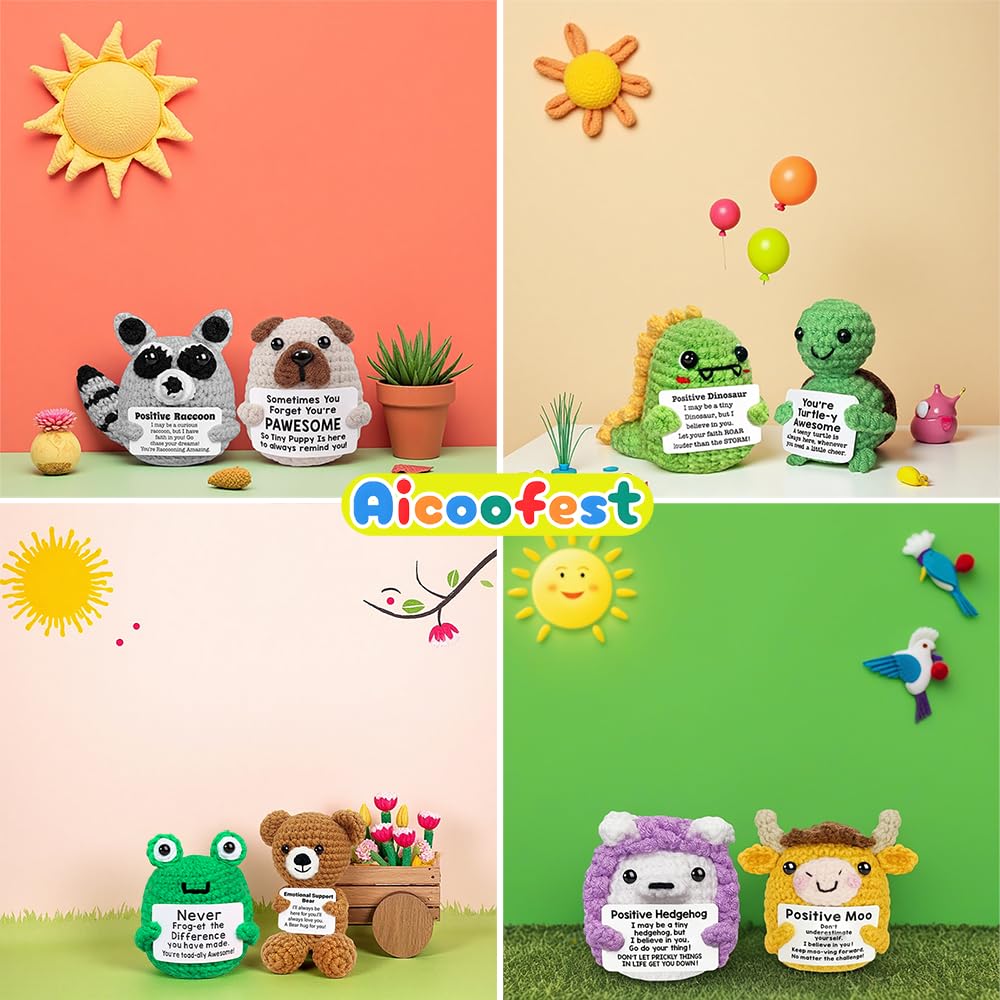 Positive Crochet Animals Bulk, Emotional Support Crochet Animals, Mini Inspirational Gift for Women Friends Coworkers Students Employee Christmas Stocking Stuffers Cute Crocheted Doll Cheer Up Gift
