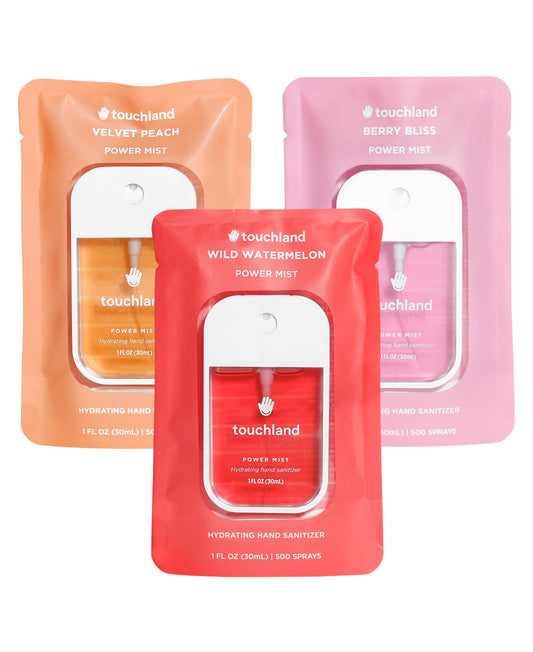 Touchland Power Mist Hydrating Hand Sanitizer Spray, JUICY Trio Set (Watermelon, Peach, Berry), 1 FL. OZ. Travel Size (Set of 3)