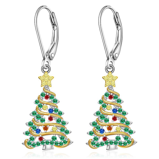 Christmas Earrings Christmas Tree Earrings for Women Sterling Silver Ribbon Green Xmas Tree Colorful Zircon Winter Dangle Studs Holiday Jewelry Gifts