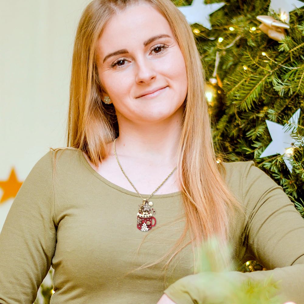 Madison Tyler Mug Christmas Pendant Necklace Set for Women | Statement Christmas Candy Cane Gingerbread Pearl Acrylic Glass | Gold Snowflake Earrings | Xmas Holiday Necklaces