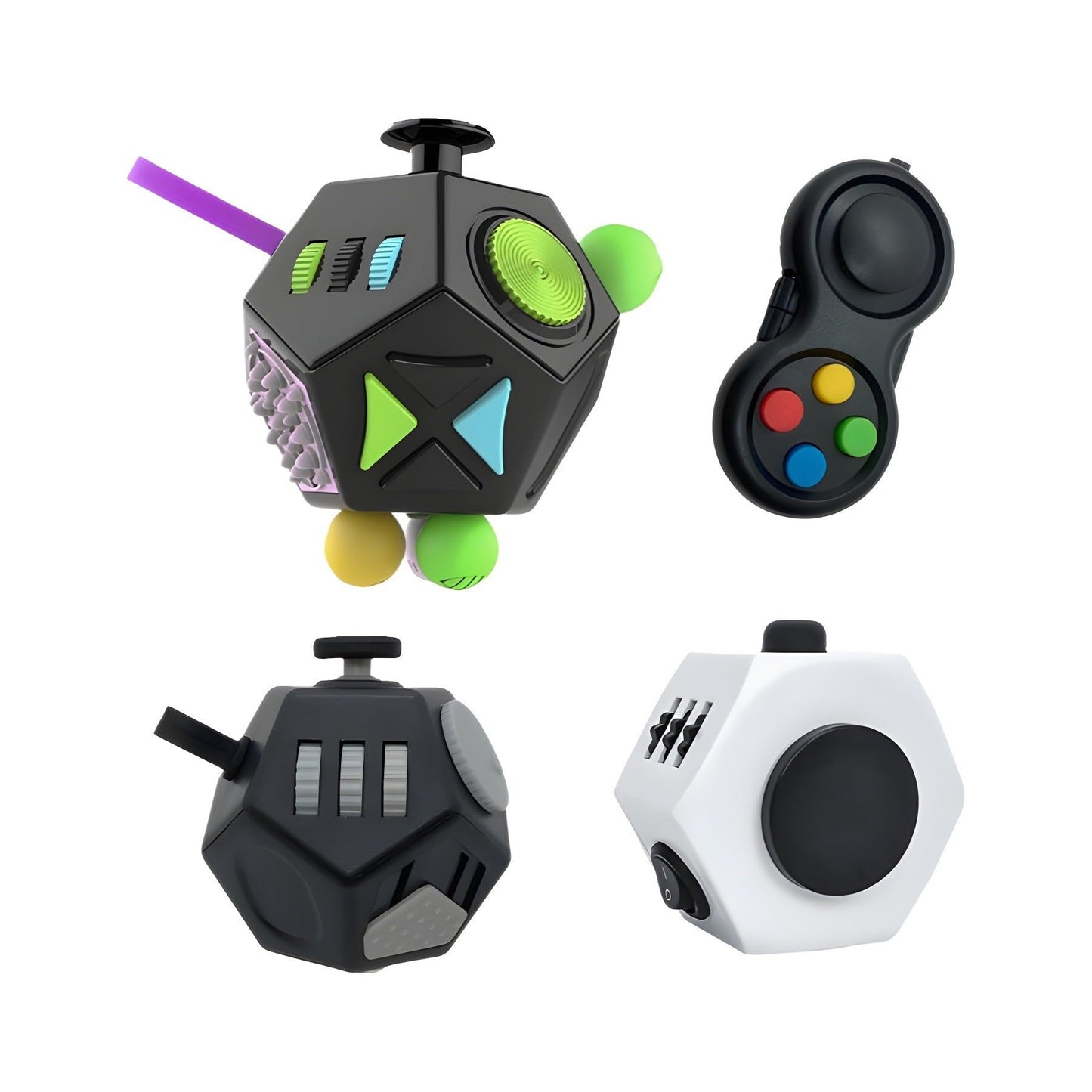 New Fidget Toy Cube 4 Pack Creative Rotating Cube and 12-Sided Mini Cube Relieves Stress and Anxiety Anti Depression Focus Travel Toy Cube For Children and Adults Stocking Christmas Idea Stuffer Gifts