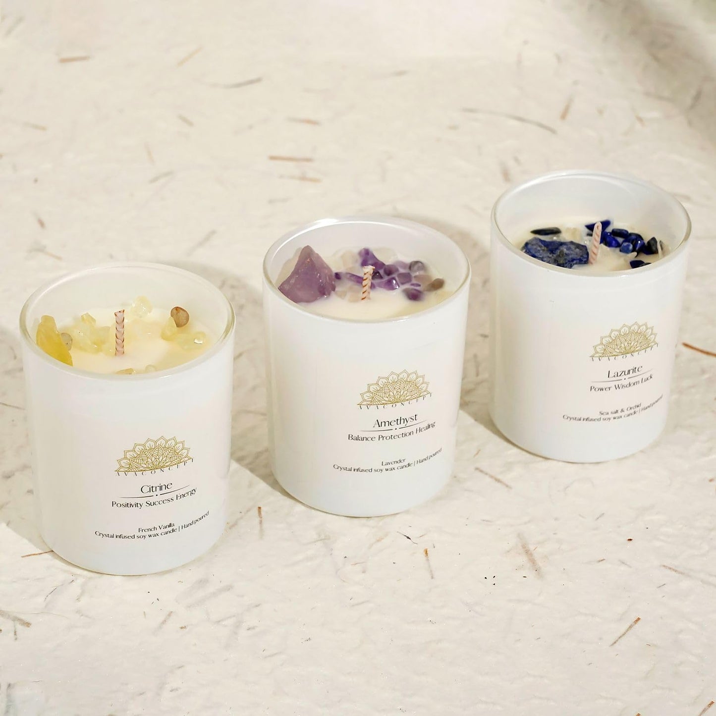 AVA CONCEPT Soy Candles with Healing Crystals. Amethyst, Lazurite, Citrine Crystal. Lavender, Sea Salt & Orchid, French Vanilla. Positivity Energy Gift for Women, 3PC Scented Candle Set 3.5 oz Each