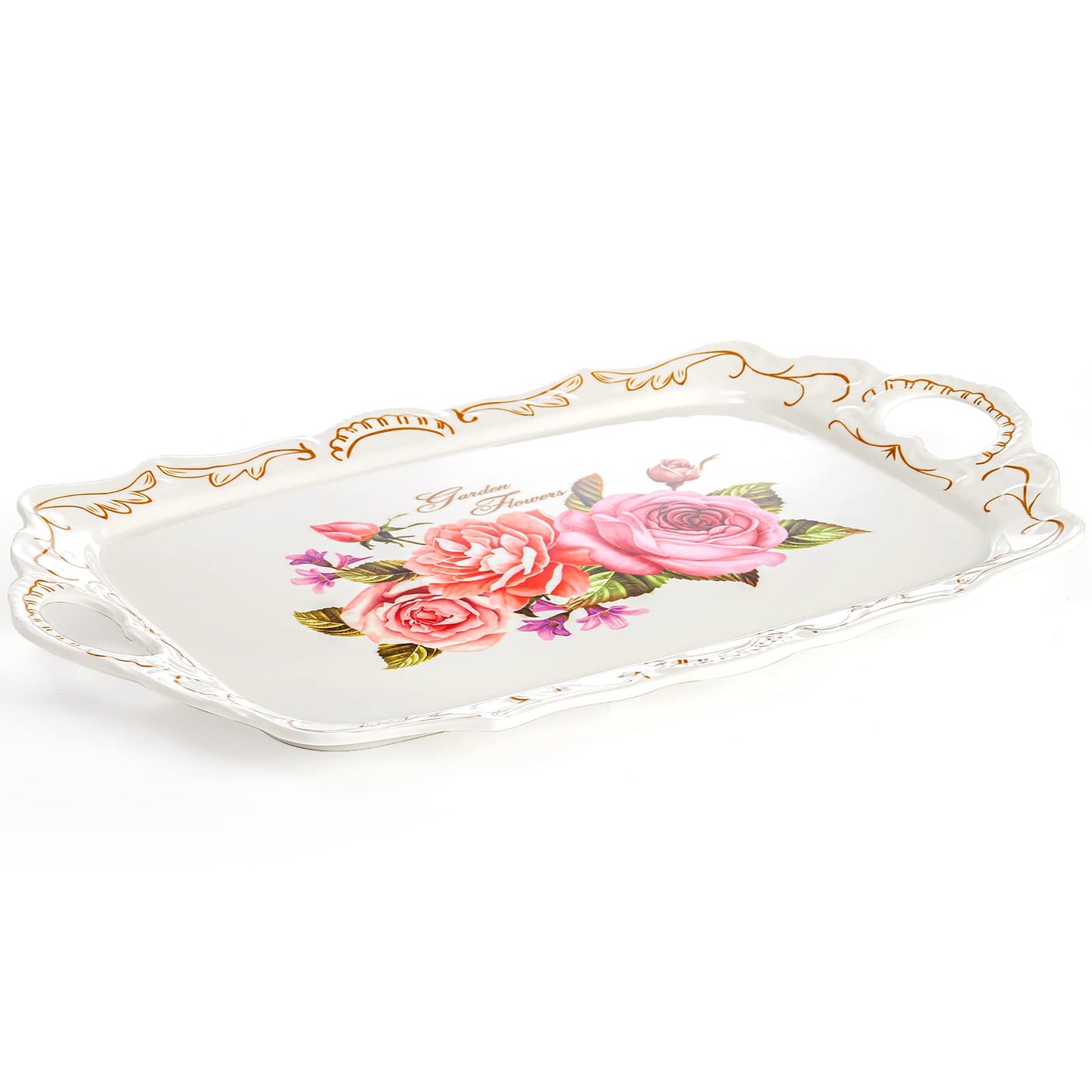 Nicunom 3 Pack Serving Trays with Handles, 16" L x 11" W Rectangular Trays for Eating, Melamine Serving Platters for Party, Floral Tray for Serving Food, Cookies, Desserts, Great Gift