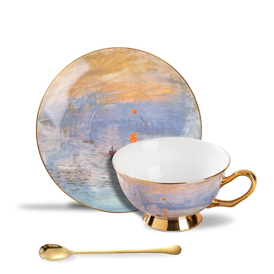 ANYA Coffee Cup Bone China Coffee & Tea Cup and Saucer Set with Spoon and Gift Box, Porcelain Cappuccino Cup, Ideal for Tea Parties, Single Set(7.4 oz) (Sunrise)