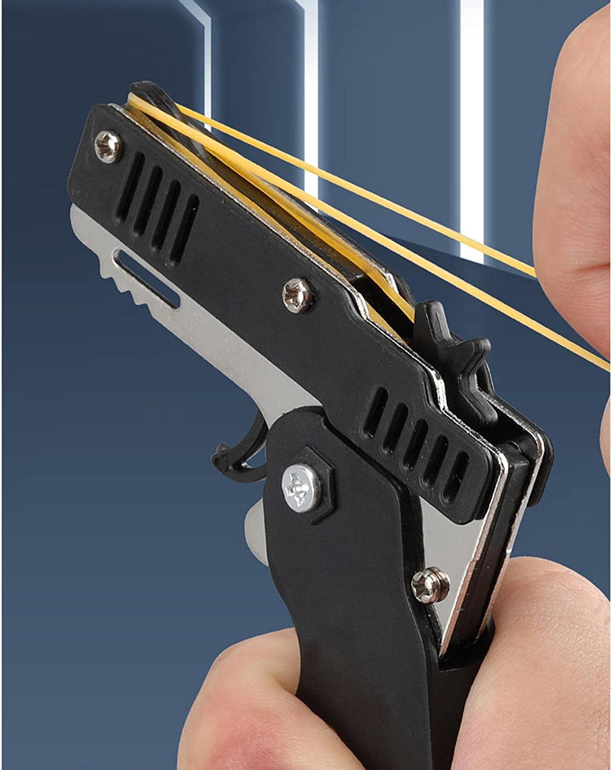 QKUDNGHY Kids Toys Cool Keychain Rubber Band Launcher Toy 4pcs Mini Metal Folding Rubber Launcher Toy with 240 Elastic Rubber Bands for Game Outdoor Activities (4 Colors)