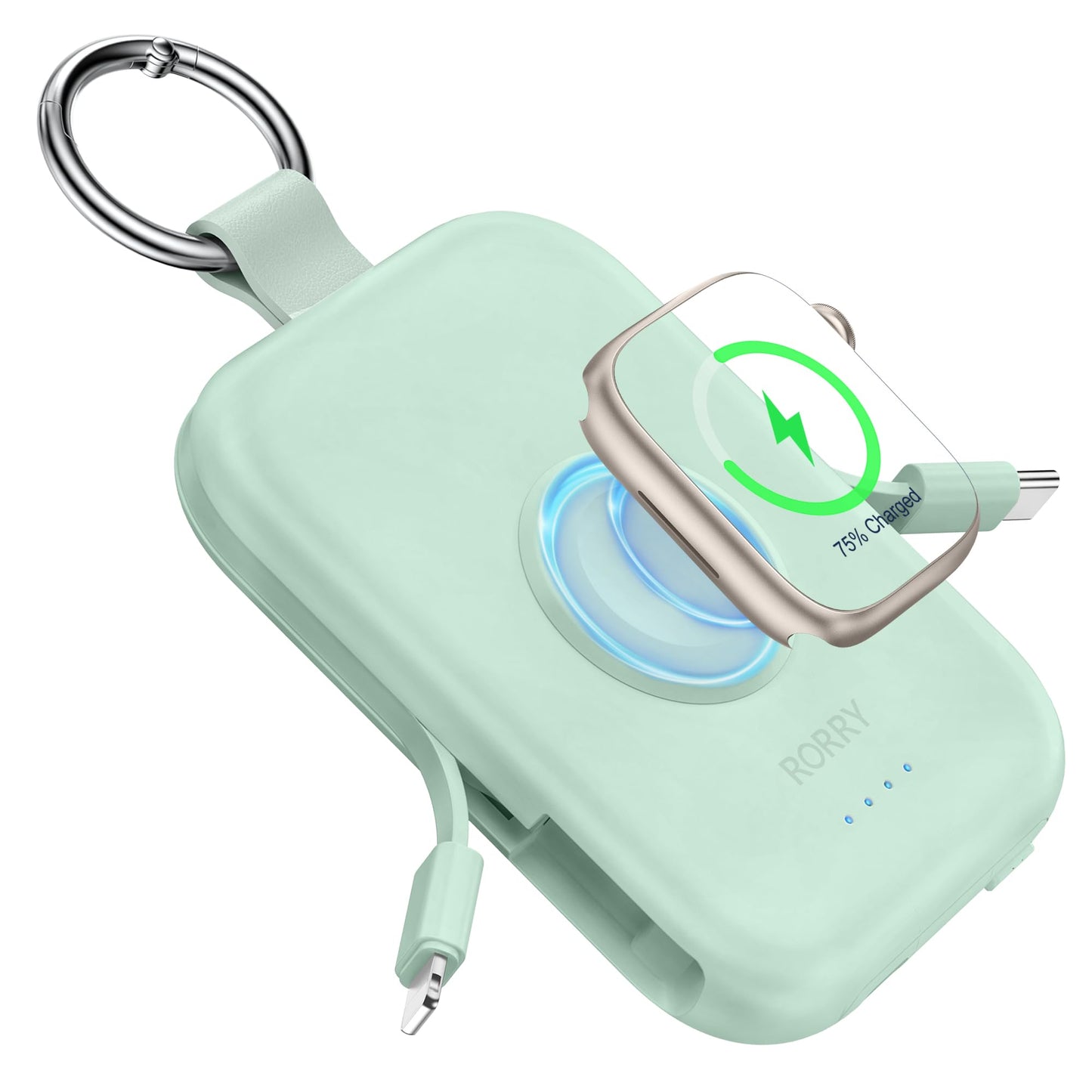 RORRY Portable Charger, 5000mAh Portable Charger Power Bank with Built-in Cables, Travel Keychain Battery Pack for Apple Watch Ultra 2/10/9/8/Ultra/7/6/SE/5, iPhone 16/15/14/13/12, Green