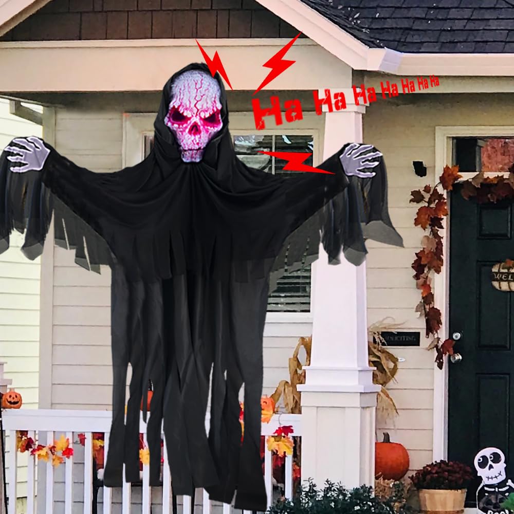 YOKUJITI 72" Halloween Animatronics Ghost Outdoor Decoration Hanging Faceless Animatronics Prop with Sound Activated, Scary Reaper with Light Mask in Dark Horror Robe for Haunted House