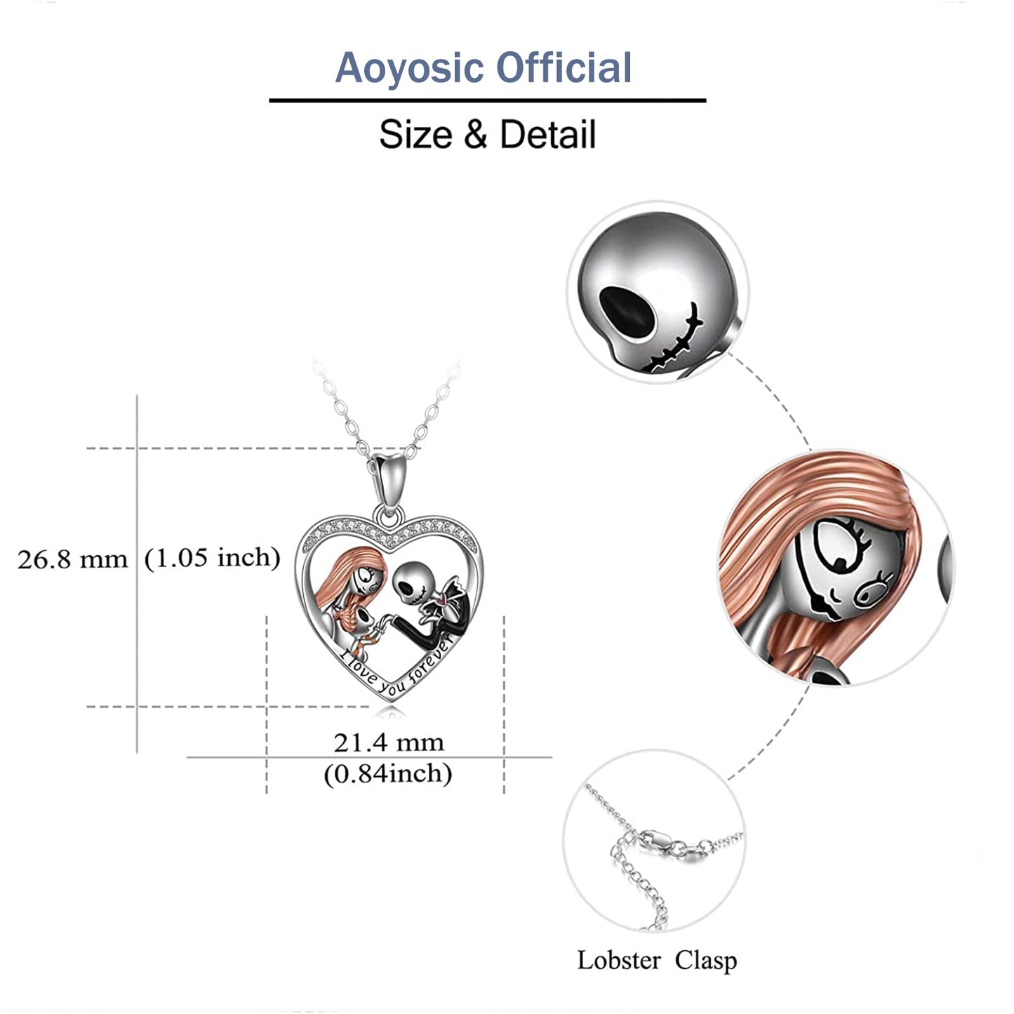 Aoyosic Nightmare Necklace Gifts Sterling Silver Jack Infinity Heart Family Pendant I Love You Forever Skull Jewelry Birthday Gifts for Women Gothic Jewelry Christmas Birthday Gifts