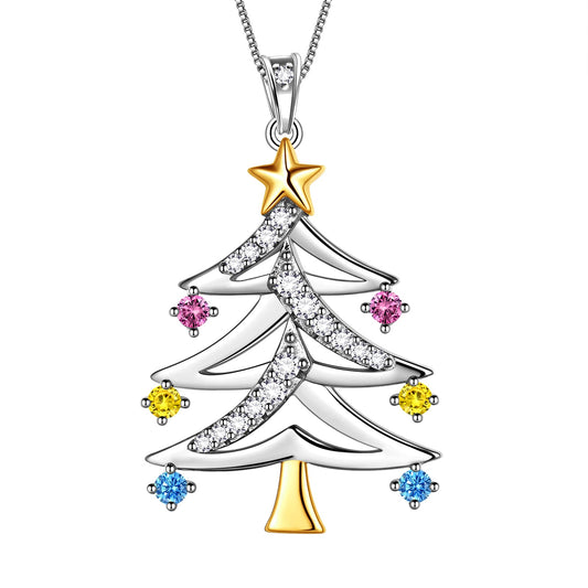 Aurora Tears 925 Sterling Silver Christmas Tree Pendant,Christmas Necklace Costume Jewelry Gift CZ Crystal Holiday Festival Jewelry Plant Pendant for Women