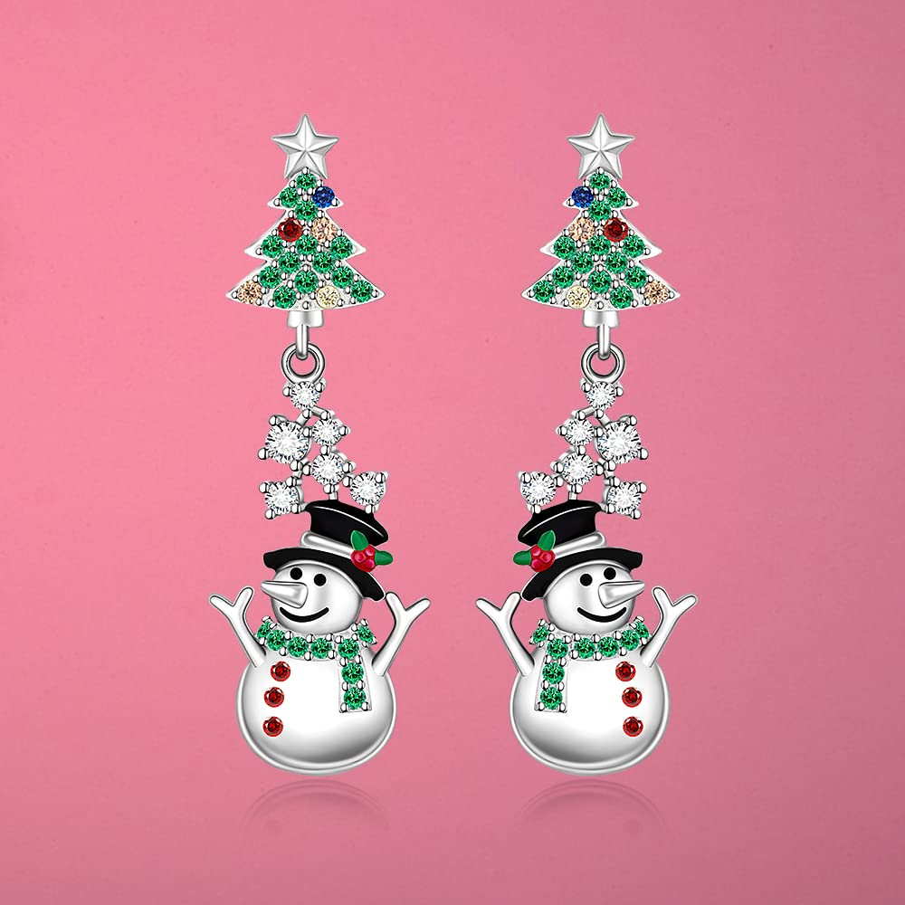 Christmas Tree Snowman Earrings for Women Sterling Silver Tree with Star Holiday Dangle Drop Earrings Colorful CZ Xmas Gifts