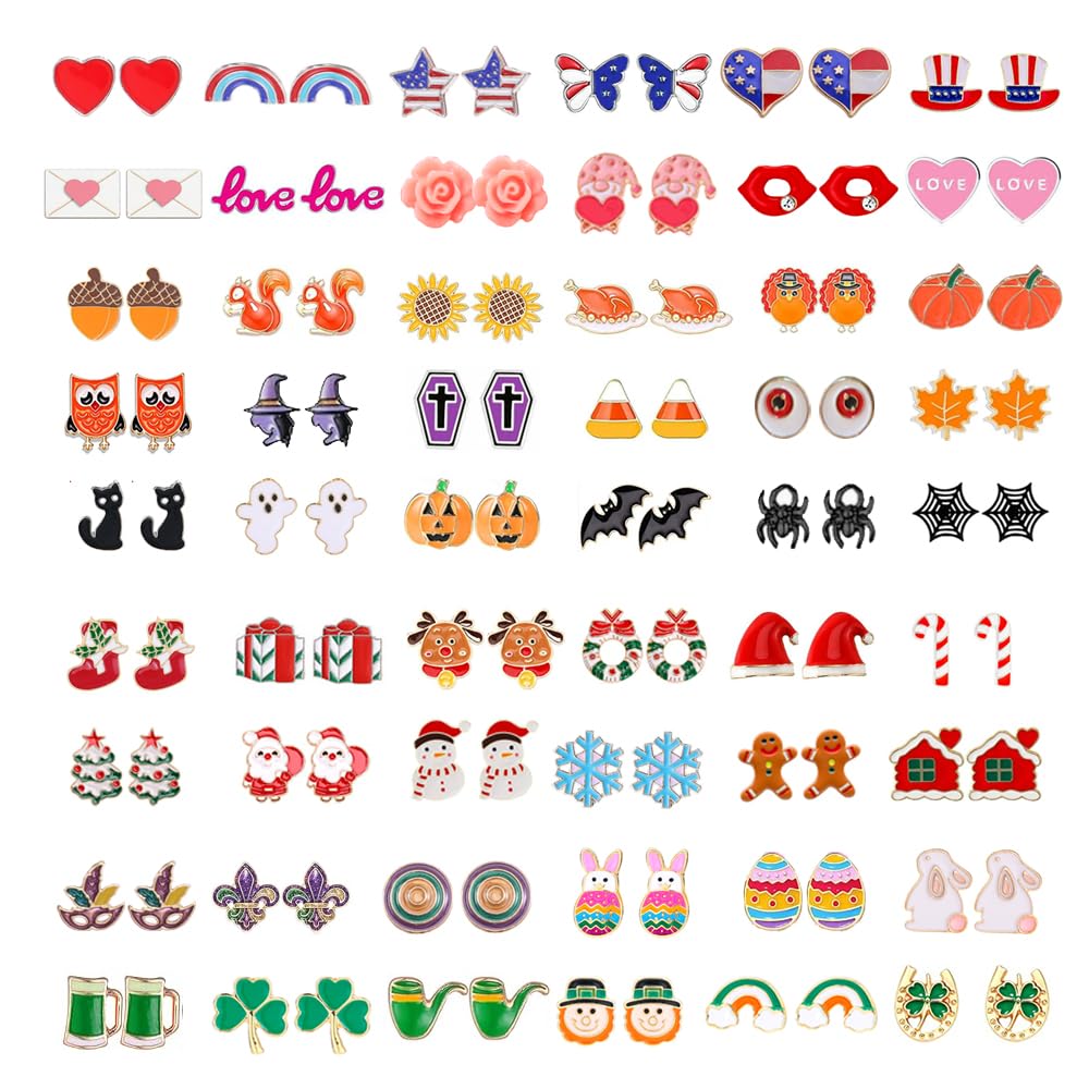 Yoshow 54 Pairs Hypoallergenic Holiday Earrings Variety Pack Cute Halloween Stud Earrings Bulk for Women Teens Fun Thanksgiving Christmas Earrings Set Fall Earrings Jewelry