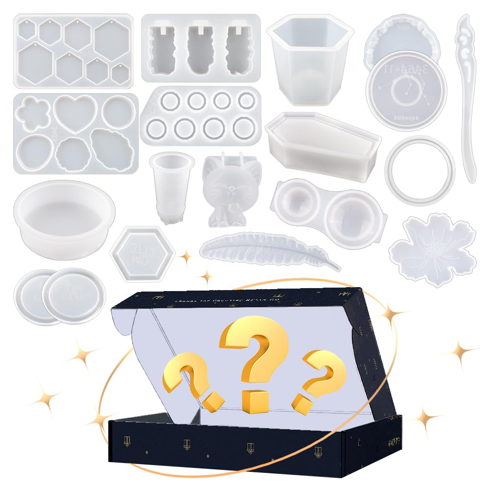 Resin Go 500G Random Resin Molds,Mystery Box Silicone Molds for Epoxy Resin,Blessing Bags Blind Box Moldes De Silicona para Resina,Contains Pendants,Coasters,Trays,Letters and Other Random Moulds