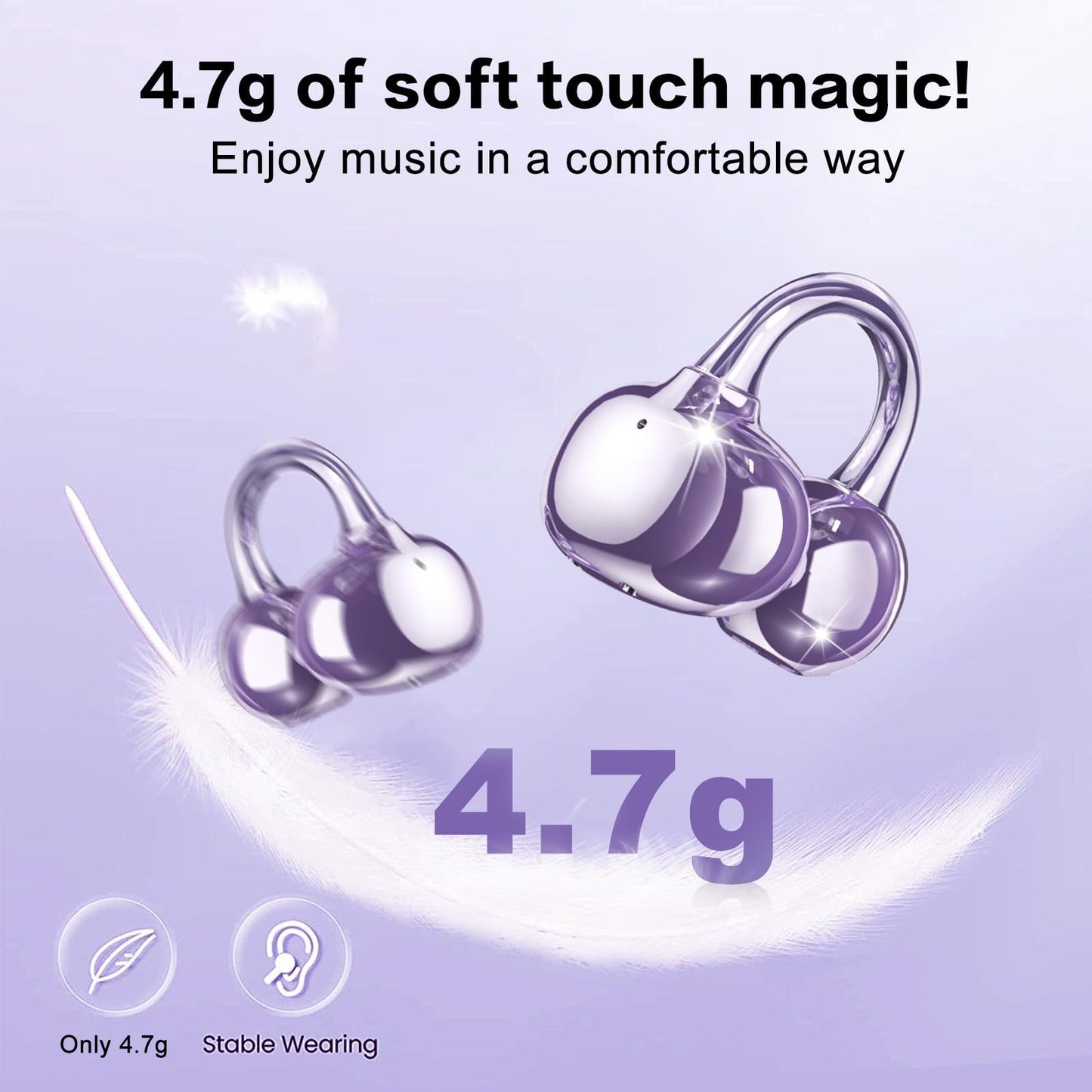 ZIHNIC S26 S26 Wireless Clip on Earbuds, Open Ear Wireless Bluetooth 5.4 Headphones with Mic, IPX5 Waterproof, 35Hr Play time, Light Weight -Purple