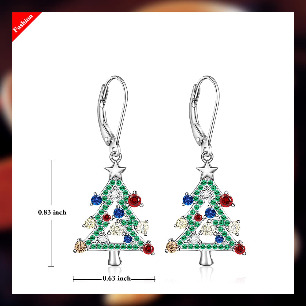 Sterling Silver Christmas Tree Earrings Leverback Dangle Drop Earrings for Women Holiday X-mas Christmas Tree Jewelry