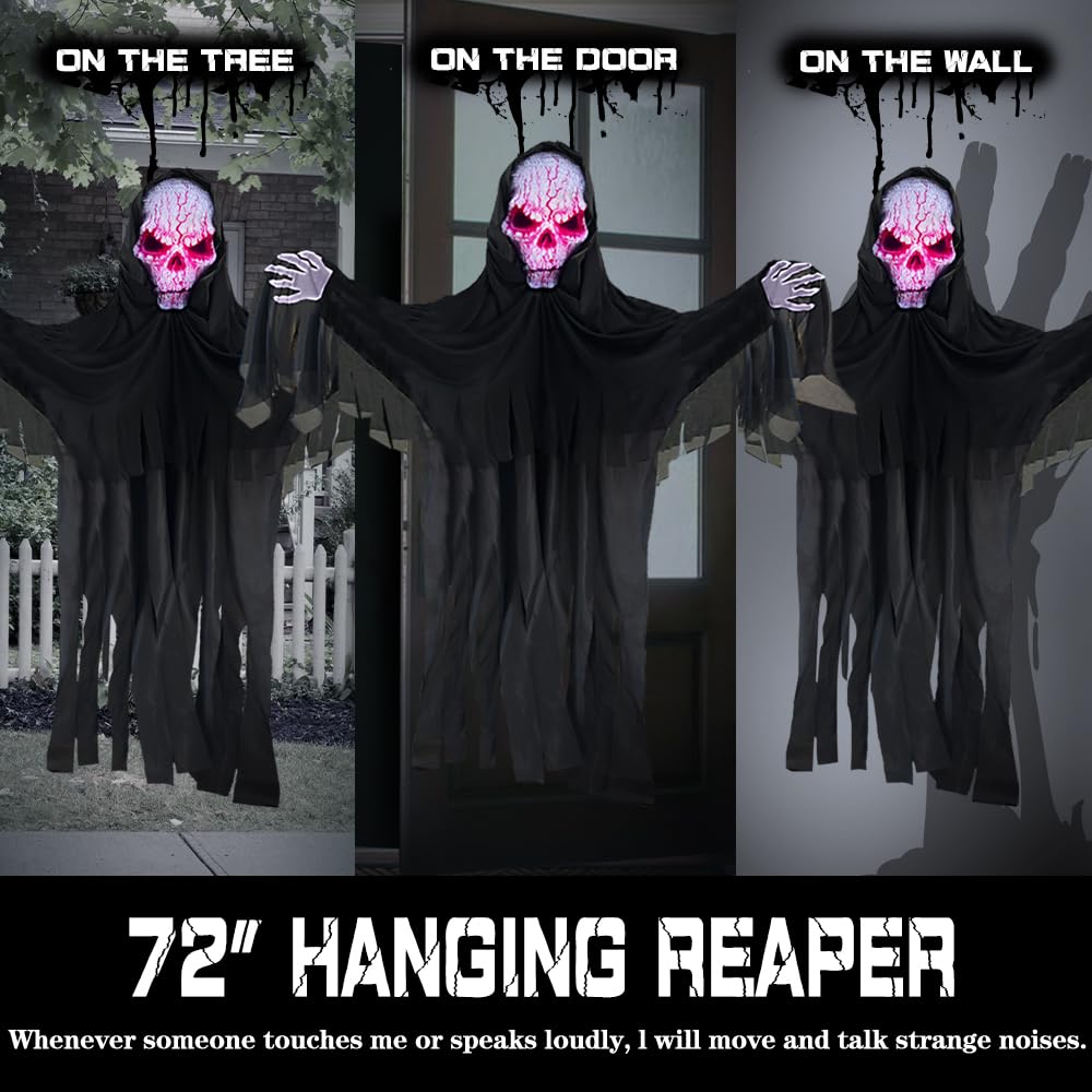 YOKUJITI 72" Halloween Animatronics Ghost Outdoor Decoration Hanging Faceless Animatronics Prop with Sound Activated, Scary Reaper with Light Mask in Dark Horror Robe for Haunted House