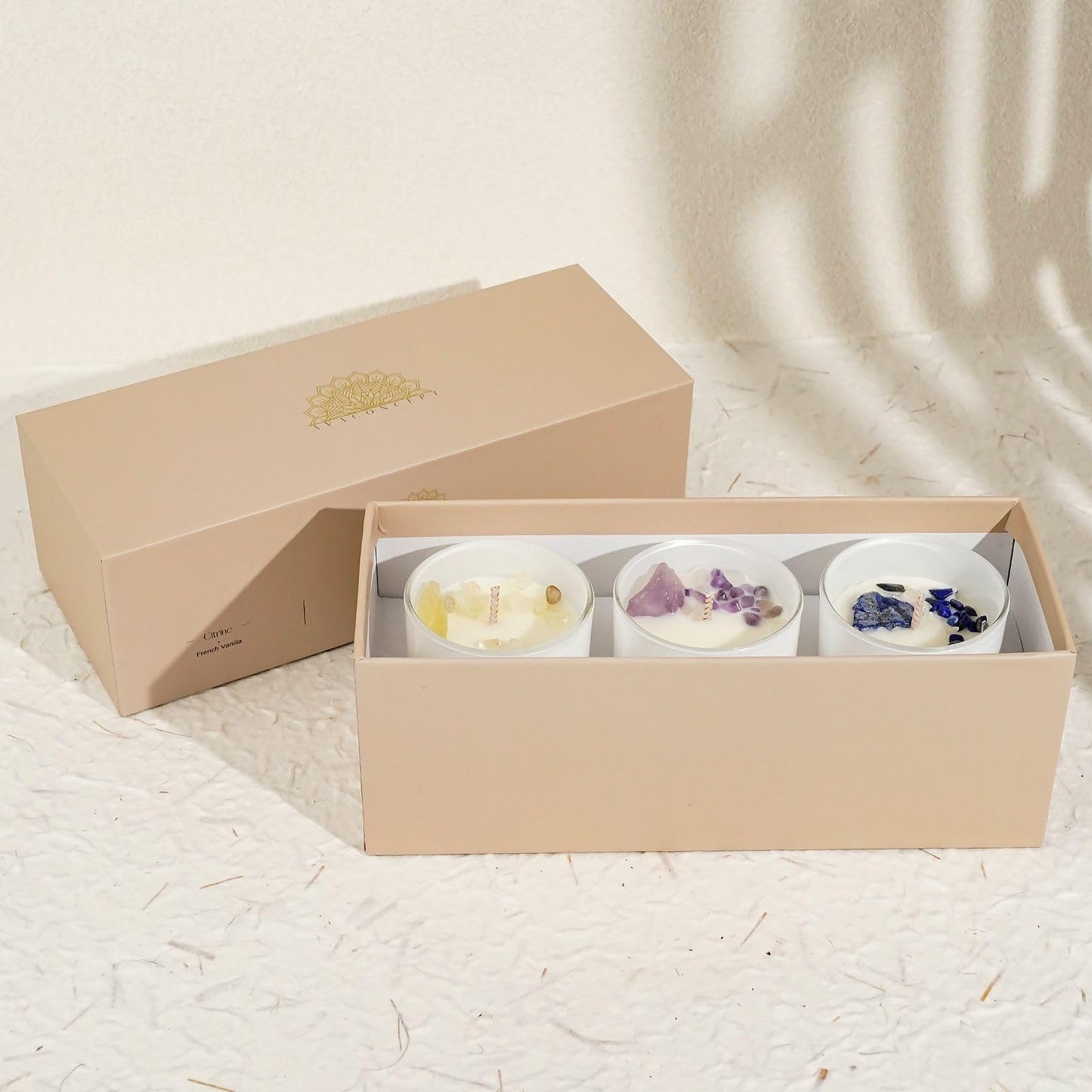 AVA CONCEPT Soy Candles with Healing Crystals. Amethyst, Lazurite, Citrine Crystal. Lavender, Sea Salt & Orchid, French Vanilla. Positivity Energy Gift for Women, 3PC Scented Candle Set 3.5 oz Each