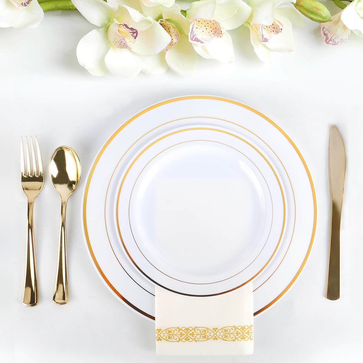 M MCIRCO 175 Piece Gold Dinnerware Set - 50 Plates - 25 Silverware - 25 Cups - 25 Paper Napkins, 25 Guest Disposable Gold Dinnerware Set