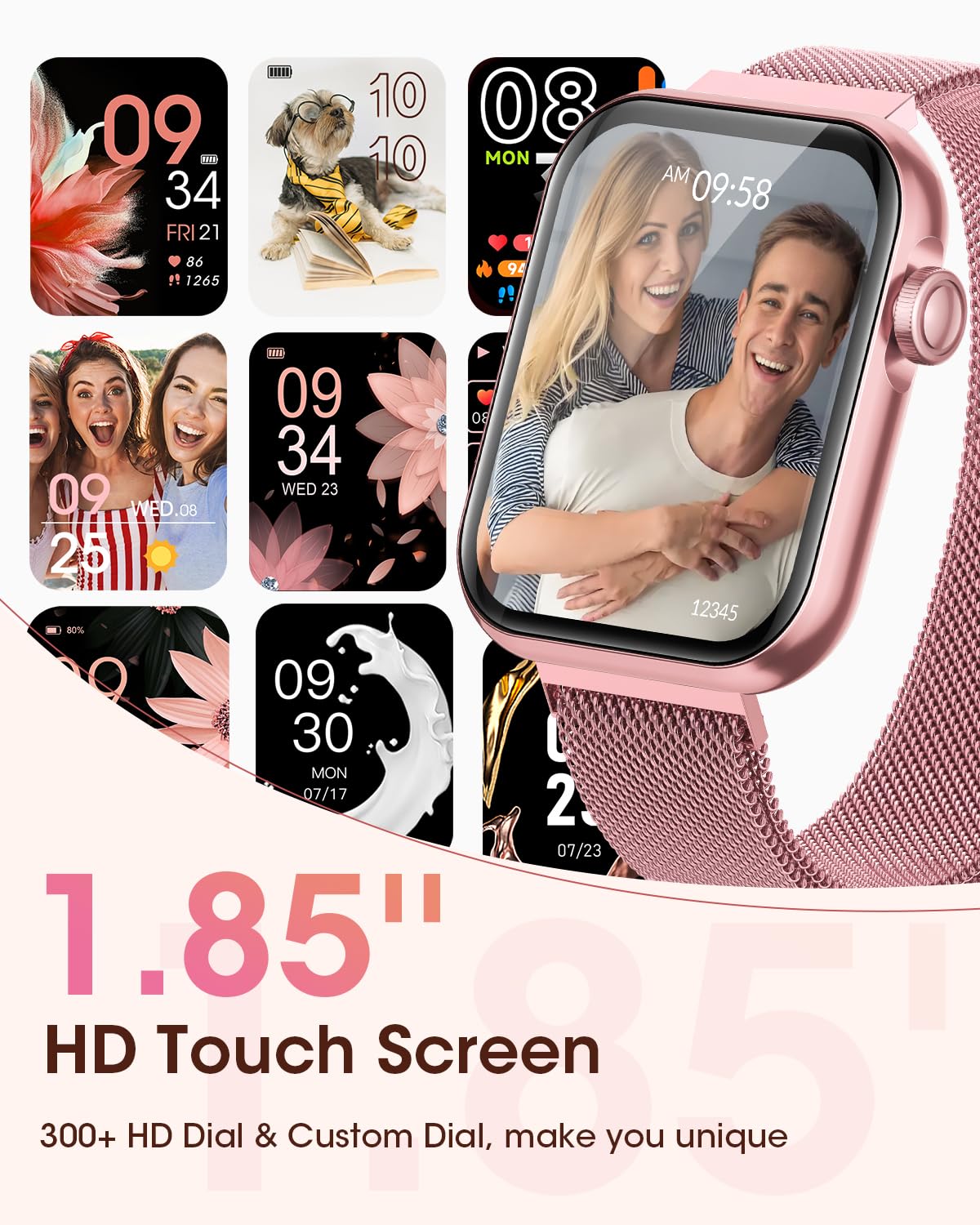 Smart Watches for Women, Health Fitness Watch for Android iPhone, Sleep/Heart Rate/SpO2/Blood Pressure Monitor, 1.85'' Smartwatch for Calls/SMS/Notifications, 100+ Sports Modes, 300+ Dials, 3 Bands