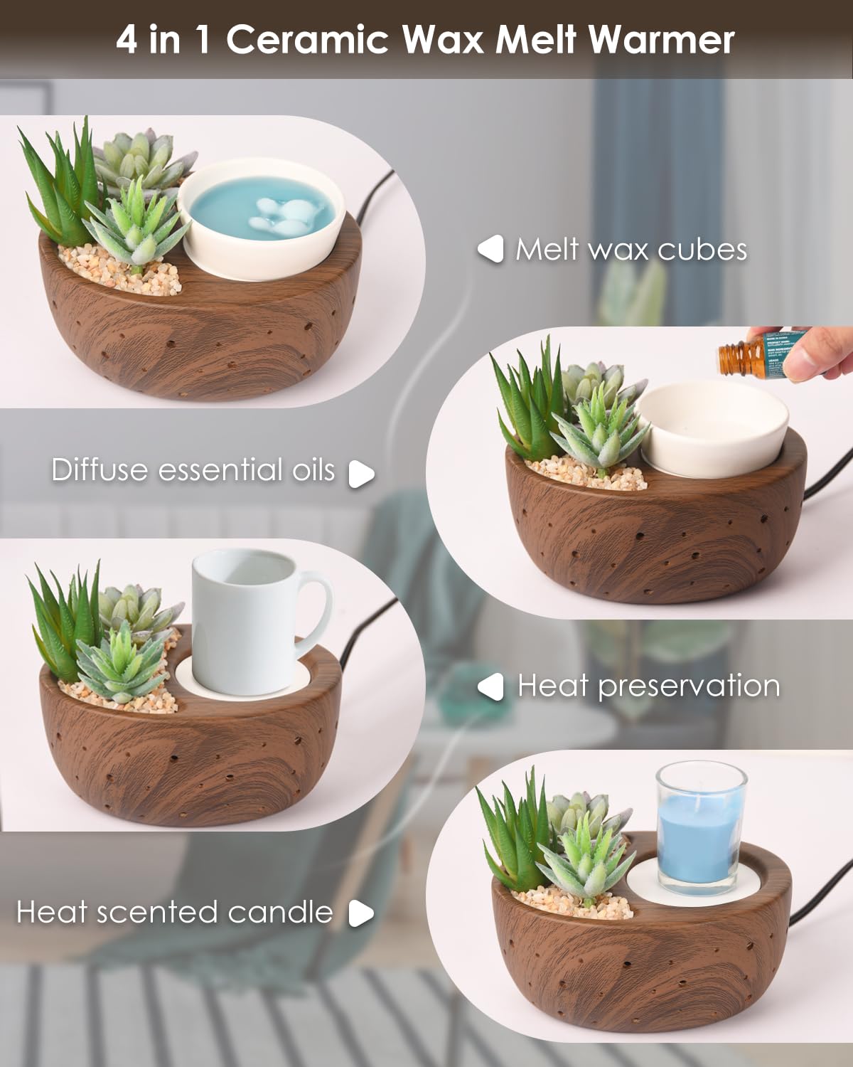 LUXARAPY Ceramic Wax Melt Warmer, 4-in-1 Electric Wax Warmer with PTC Heating Plate and LED Lighting, Succulent Bowl for Wax Melting, Mug Warming, Oil Diffusion, Home Office Spa Decor