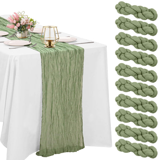 10 Pack Sage Green Cheesecloth Table Runner 10FT Boho Gauze Fabric Table Runner Vintage Rustic Sheer Runners for Wedding Party Bridal Baby Shower Long Table Decorations