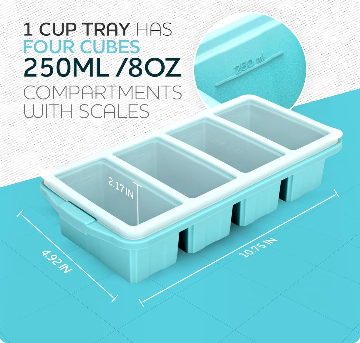 XOMOO Silicone Freezer Tray With Lid - Soup Freezer Container molds - Large Ice Cube Tray- makes 8 perfect 1 cup portions cubes, 2-Pack Freezer Storage Food Soups & Meal Prep - Oven & Dishwasher -Safe